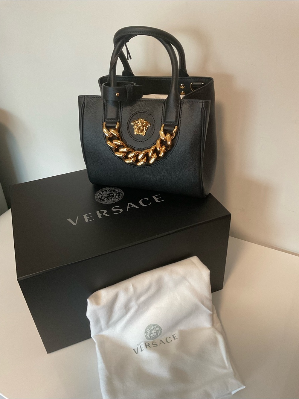 Versace Black Grained Leather La Medusa Chain Tote.